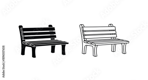 Two park benches depicted in a minimalist black and white silhouette