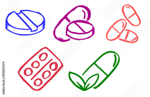 Pills Medicine Related Icons Crayon Chalk Drawing Doodle Vector Set
