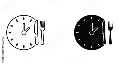 Simple Clock and Cutlery Icon Set for Restaurant Timing