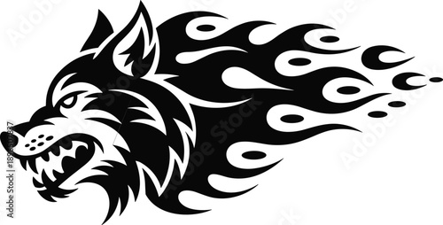 Flaming wolf head illustration in bold black and white, fierce animal mascot logo with fire effect isolated on white background for branding, tattoos, sports, and stock design
