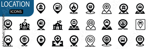 Location silhouette icon set, map pin pointer and navigation symbol, city landmark sign and destination marker, public service position, vector illustration with editable stroke.