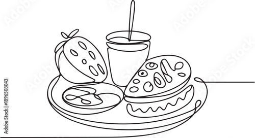 Delicious Fruit Platter with a Refreshing Drink, a Whimsical Line Drawing