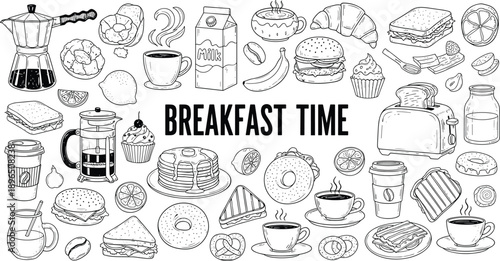 Hand Drawn Breakfast Time Doodle Vector Set Featuring Coffee Maker Pancakes Sandwiches Pastries and Morning Food Icons for Menu Design Cafe Branding and Kitchen Decor