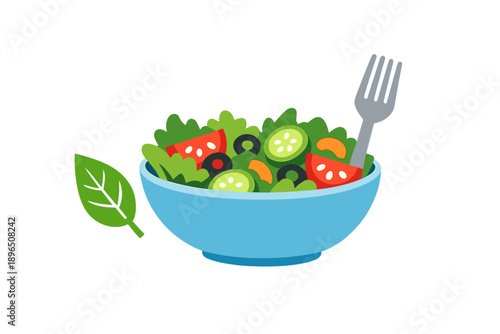 Fresh salad bowl with greens, tomatoes, cucumbers, and olives served with a fork on a simple background during lunchtime
