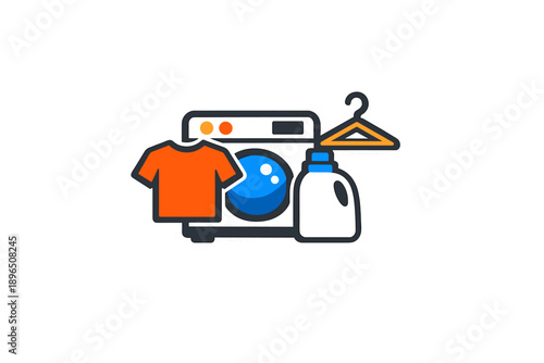 Washing machine with orange shirt and detergent bottle near clothes hanger during laundry routine at home