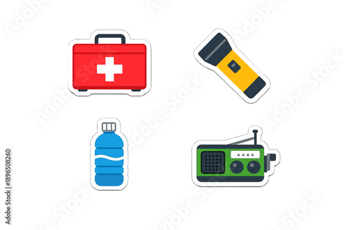 Essential items for emergency preparedness include a first aid kit, a flashlight, water bottle, and a portable radio for communication and safety