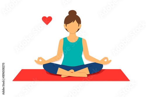 Woman practicing yoga on a mat with a heart symbol nearby during a calm moment in a wellness setting focused on relaxation and mindfulness