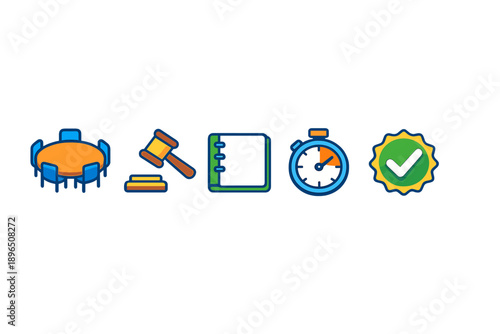 Meeting room setup with a table, gavel, notebook, stopwatch, and a checkmark symbol representing organization and time management
