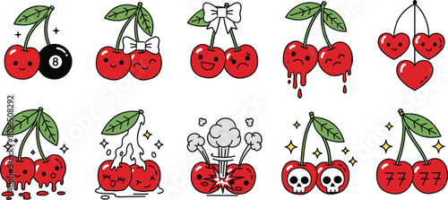 Kawaii Cherry Character Sticker Set featuring Cute Emoji Faces with 8 Ball Bows Melting Effects Skulls Hearts and Explosion Icons for Creative Vector Graphic Design