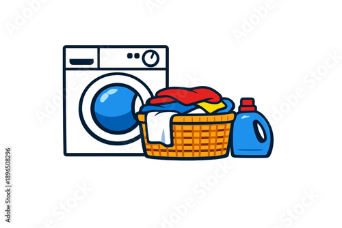 Washing clothes in a basket next to a washing machine with laundry detergent on a clean surface