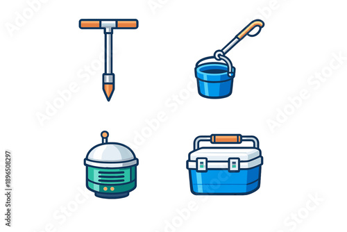 Tools for outdoor activities including a digging tool, a bucket, a portable cooler, and a device for camping and hiking tasks