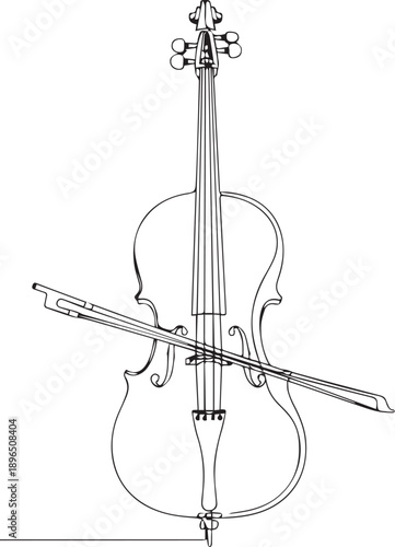 Line art illustration of a classic cello with detailed body and neck