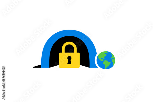 Icon shows a lock symbol next to a globe with a blue arch fusing elements of security and global connection in a digital context