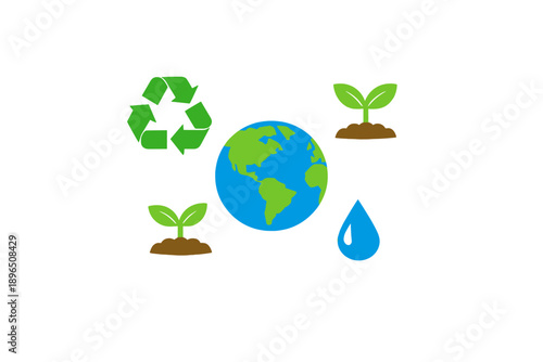 Symbols of environmental care and sustainability with planet earth, plants, water, and recycling signs showing importance of nature