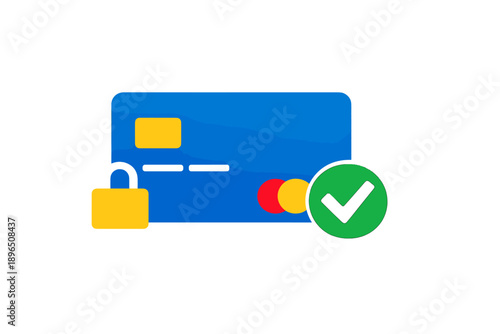 Credit card with security symbol and approval check mark shows online payment process in digital finance