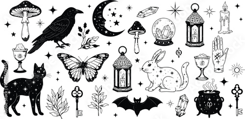 Mystical Occult Illustration Set Featuring Black Cat Raven Moon Mushroom Butterfly Rabbit and Crystal Ball in Hand Drawn Vintage Tattoo Style for Gothic Graphic Design