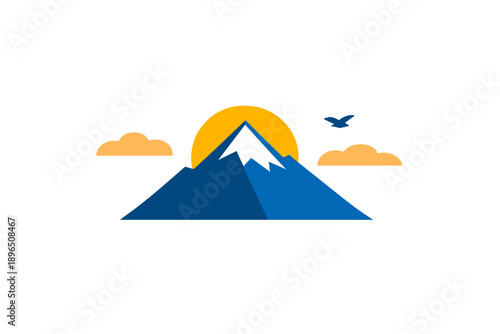Mountain with a sun and clouds viewed from the sky during daytime with a bird flying in the scene