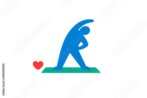 Stretching exercise at home on a green mat with a heart symbol to show health focus in morning or afternoon