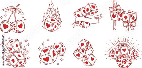 Set of Retro Hand Drawn Red Line Art Dice Illustrations Featuring Hearts Flaming Dice Cherries Ribbons and Crown Symbols for Vintage Tattoo Style Graphic Design