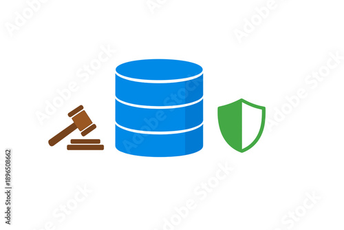 Discussion about data security and legal aspects in technology industry involving a database, a gavel, and a shield symbol