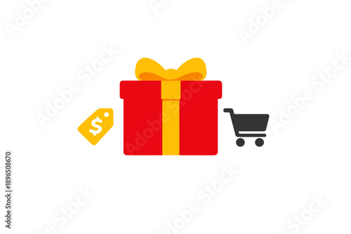 Gift box with a shopping cart and price tag placed together to symbolize shopping and giving presents during holiday seasons near retail stores
