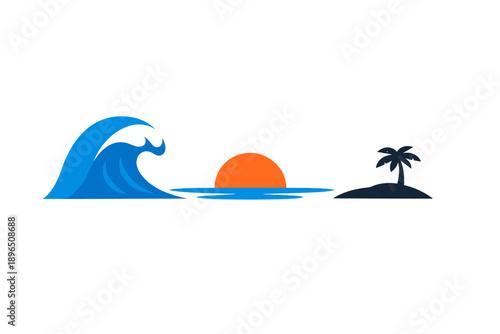 Sunset over waves and an island with a palm tree in a tropical setting