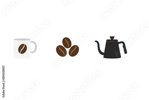 Coffee setup with mug, coffee beans, and kettle on a plain background during daylight hours