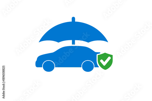 Car insurance concept with blue car protected by umbrella and shield, showing safe driving and protection in an abstract design