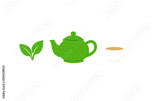 Exploring the process of making green tea with leaves, a teapot, and a cup set on a plain background