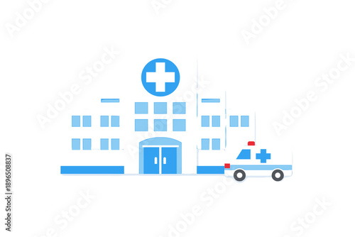 Hospital building with an ambulance parked outside at mid-day in a city setting showing the healthcare services available for the community