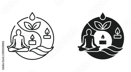 Meditating Person with Candle and Leaves in Yin Yang Symbol, Black and White Illustration
