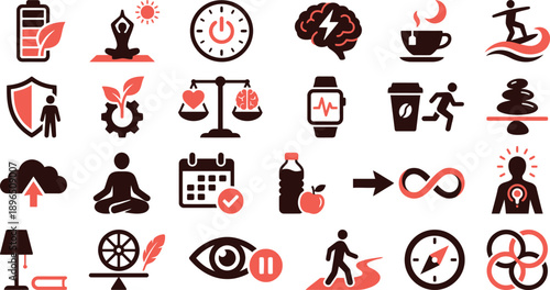 Collection of icons representing daily energy management concepts and wellness activities in a modern minimalist style