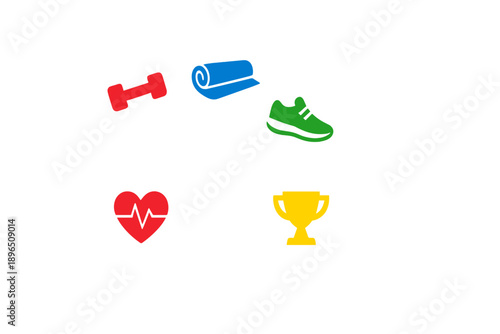 Workout symbols showing fitness activities and health items on a plain background with a focus on exercise and wellness