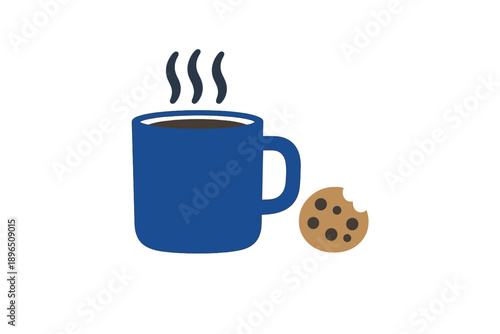 Coffee and cookie on a table during morning time with steam rising from the mug and a bite taken out of the cookie