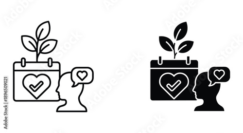 Calendar with Heart and Growing Plant Icon Set with Speech Bubbles