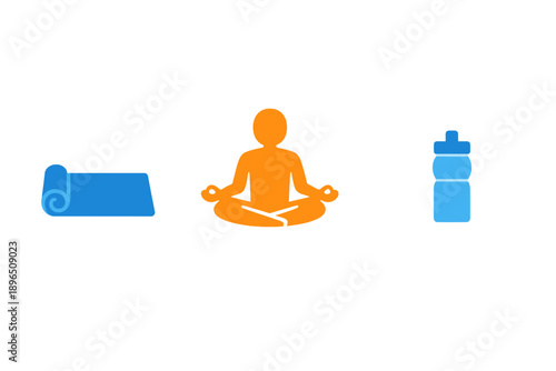 Yoga mat, person meditating, and water bottle arranged on a white background for health and fitness