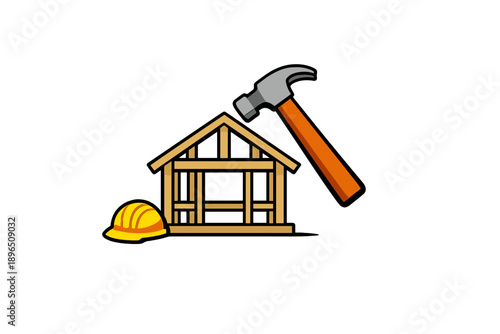 Construction work takes place at a building site with tools shown including a hammer and safety helmet