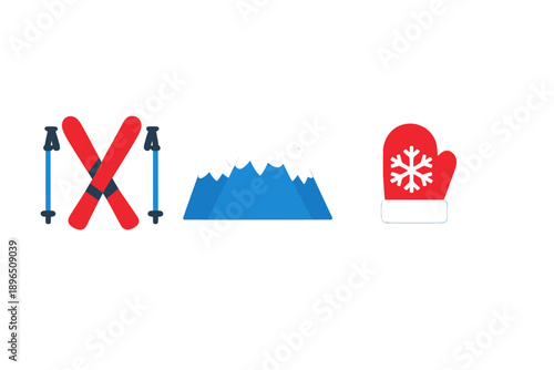 Ski equipment, mountain scenery, and winter mittens indicate snow sports during the winter season in a cold climate