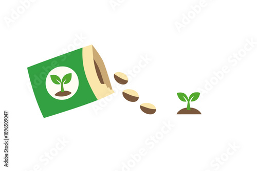 Seeds are spilling from a green packet as one seed starts to sprout in soil, illustrating the beginning of plant growth indoors