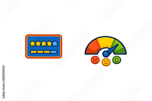 Rating system shows five stars and a feedback meter with happy, neutral, and sad faces indicating customer satisfaction
