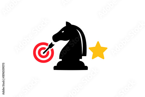Black knight chess piece next to a red target and a yellow star on a plain background showcasing strategic gameplay