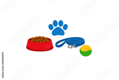 Dog supplies on a white background including a food bowl, a paw print, a leash, and a ball for playtime in a pet-friendly environment