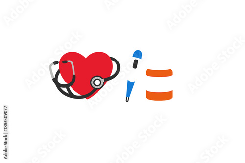 Medical tools show healthcare essentials like heart health, temperature check, and medication needed for patient care in a simple design