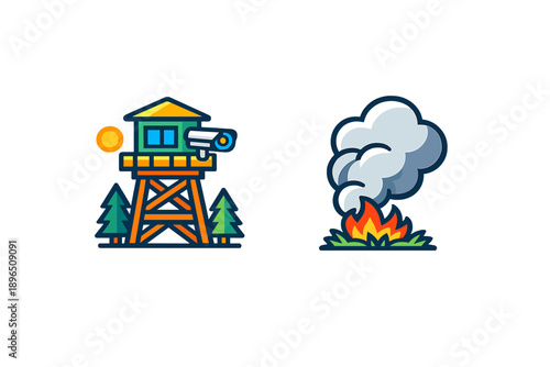 Forest lookout tower watches over area for signs of fire while smoke rises from nearby burning grass in bright daylight setting