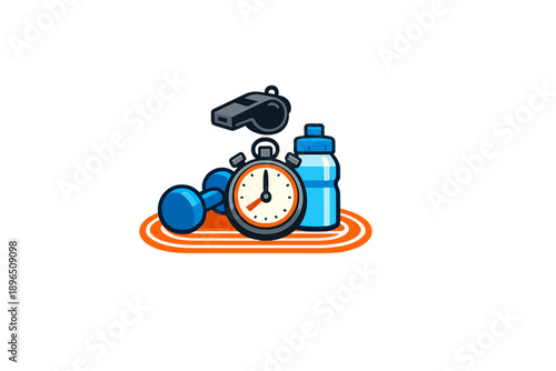 Fitness tools and equipment arranged together showing a stopwatch, dumbbells, bottle, and whistle for workout sessions and training events