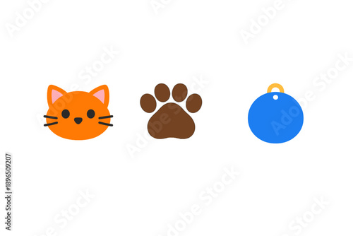 Cute cat face, paw print, and blue bell on a white background for pet lovers and animal enthusiasts enjoying playful designs