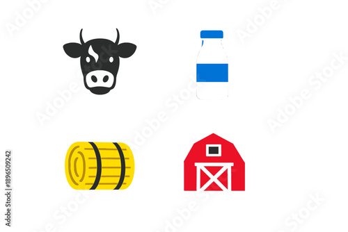 Farm animals and products are shown with icons representing a cow, milk, hay, and a barn during a sunny day
