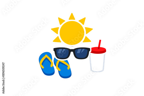Summer fun with sun, sunglasses, flip flops, and a cold drink displays a joyful day at the beach or pool