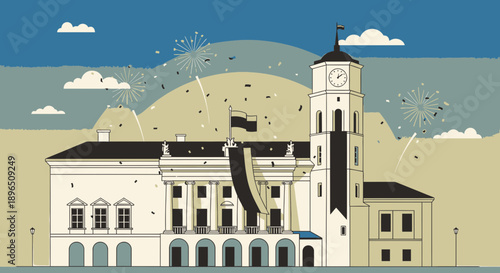 White Building with Clock Tower Illustration.