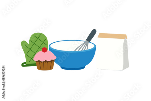 Baking cupcake with whisk, bowl, oven mitt, and bag of flour on kitchen counter during afternoon